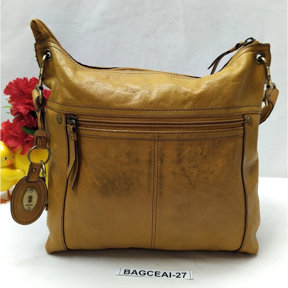 Fossil Yellow Tan Leather Zipper Pocket Crossbody Shoulder Bag - Picture 2 of 13